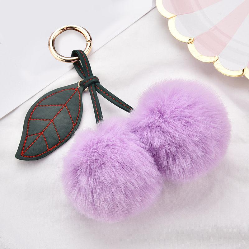 Fashion New Cute Fluffy Artificial Rabbit Fur Ball Pompom Leaf Keychain Cherry Key Chain Handbag Pendant Car Key Chain Ring