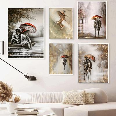 Golden Couple With Umbrella City Landscape Canvas Painting Posters Print Abstract Romantic Wall Art Pictures for Room Home Decor