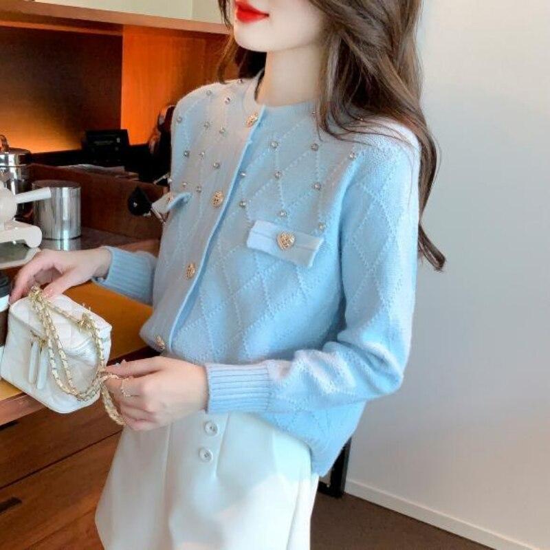 Sweet Cardigan Knitwear Women Autumn and Winter Coarse Knitted Sweater Coat with Diamond Long Sleeve O Neck Sweater Female