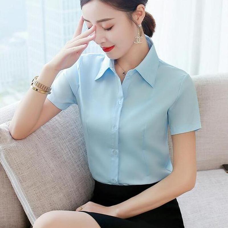 Рубашка женская, летние топы, рубашки на пуговицах, с коротким рукавом, с лацканами, тонкая офисная блузка, белый топ