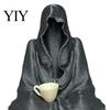 Handmade Glitter Cloak Sculpture Hooded Ghost Resin Figurine, Mysterious Faceless Statue with Coffee Cup, Gothic Decor Waterproof Outdoor Garden