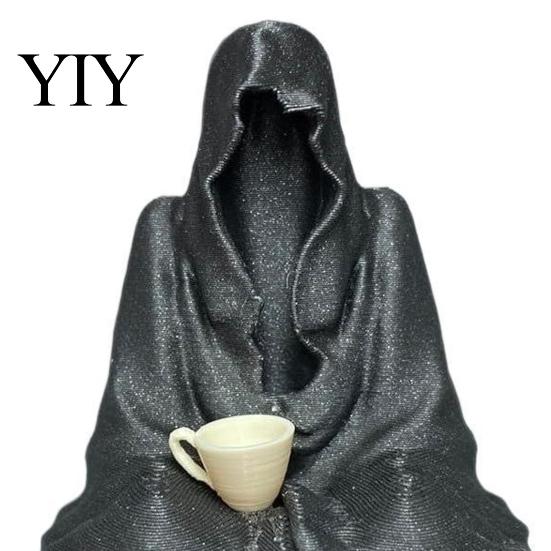 Handmade Glitter Cloak Sculpture Hooded Ghost Resin Figurine, Mysterious Faceless Statue with Coffee Cup, Gothic Decor Waterproof Outdoor Garden