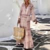 Women Vintage Geometric Print Long Party Dress Lady Elegant Flare Sleeve Summer Beach Dress 2021  V Neck Boho Party Dress