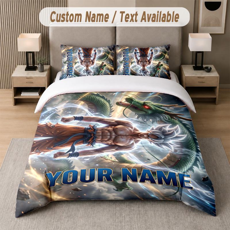 Dragon Ball 3Pcs Bedding Set, Personalized Custom Name Text, 1 Duvet Cover & 2 Pillowcases For Bedroom