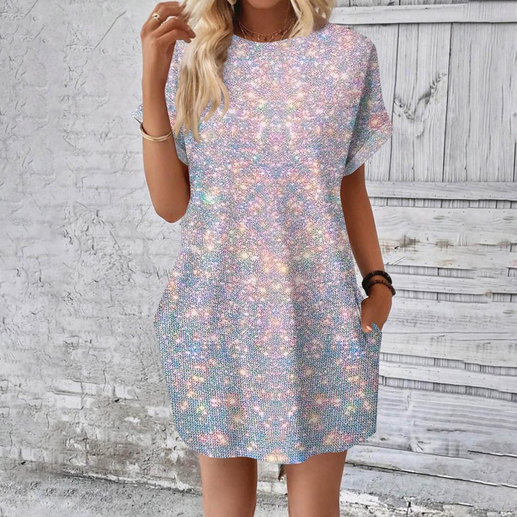 Женское модное летнее свободное платье-футболка средней длины с принтом и короткими рукавами