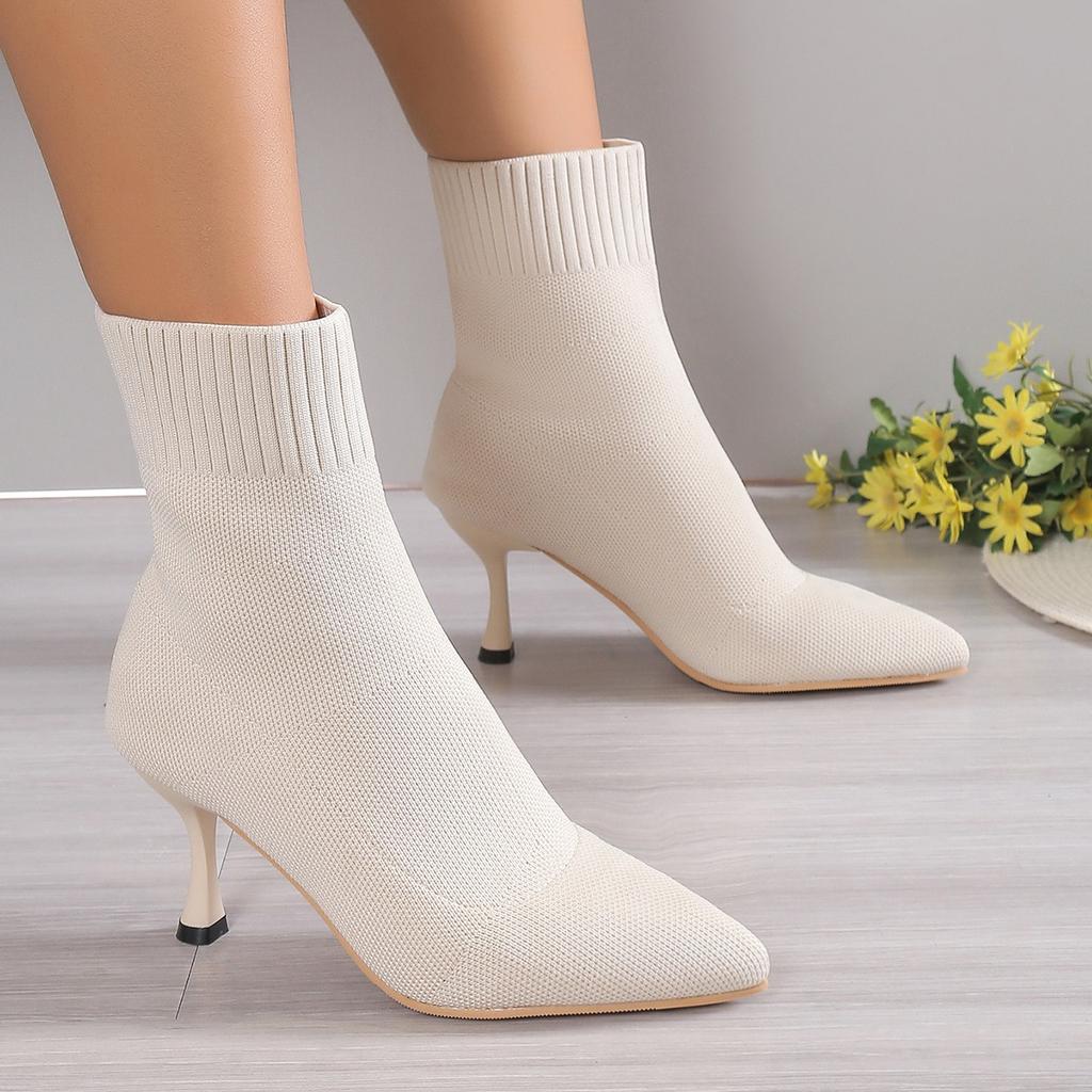 Женские модные вязаные ажурные короткие сапоги на высоком каблуке с элегантным характером, из мягкой и эластичной ткани, повседневные и удобные для ношения с джинсами