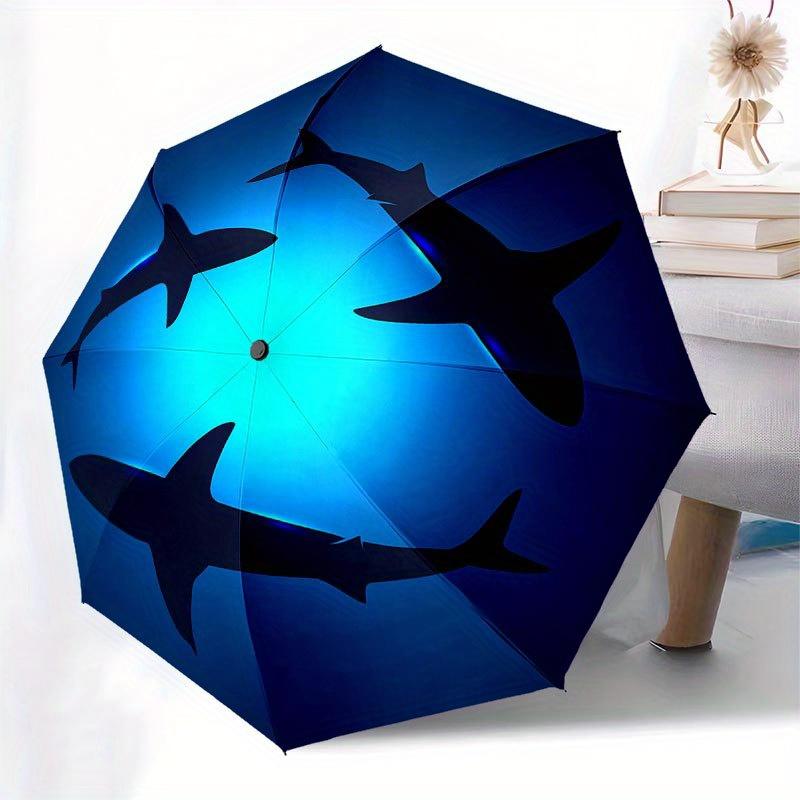 Ocean Blue Shark Silhouette Wall Art Decor Umbrella, Cute Umbrella with Cute Design, Portable 3-Fold Compact Umbrella for Men & Women, Valentine's Day