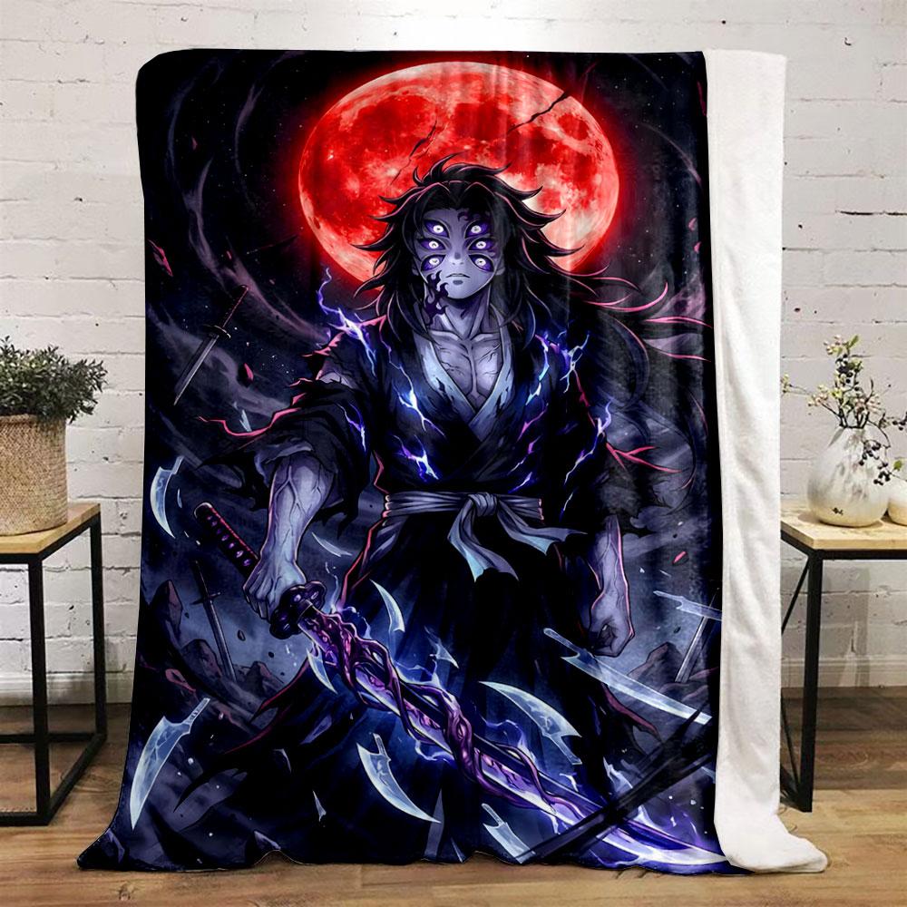 A warrior with glowing eyes, a crackling sword, and a red moon background. for all seasons blanket lunch break throw gift
