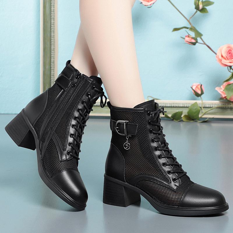 Модные дышащие сетчатые кожаные ботинки с вырезом, женские босоножки на платформе, лето 2024 года, повседневные ботинки на высоком каблуке