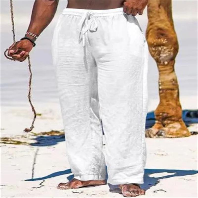 Men's Cotton Linen Solid Colour Drawstring Breathable Outdoor Daily Loose Straight Trousers