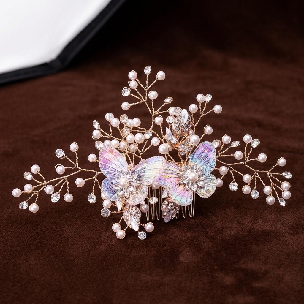 Elegant Pearl Butterfly Hair Comb Floral Headpieces for Bride Wedding Hair Jewelry Girls Headwear Women Party Hair Accessories