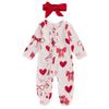 Baby Girls Outfit, Long Sleeve Crew Neck Bow Heart Print Footies Jumpsuit and Headband Fall Clothes