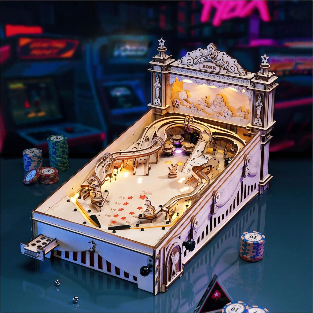 ROKR 3D Pinball Authentic DIY Innovative Indoor Playground Vintage Game Wooden 3D STEM Educational Improves Creativity and Independent Interior Decor