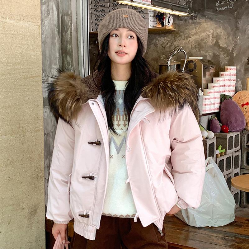 Winter big fur collar hooded down cotton-padded jacket women's new design sense thickened simple cotton-padded jacket