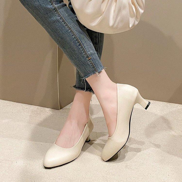 High Heels Women's Single Shoes 2025 Autumn New Work Shoes Medium Heel Basic Large Size 41-43 Thick Heel Pointed Head