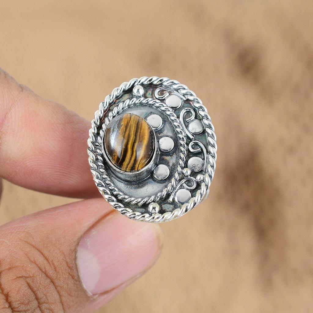 Серебро 925 пробы Овальный Натуральный Тигровый глаз Жена Мультикамень Сакральная чакра Кольцо обещания