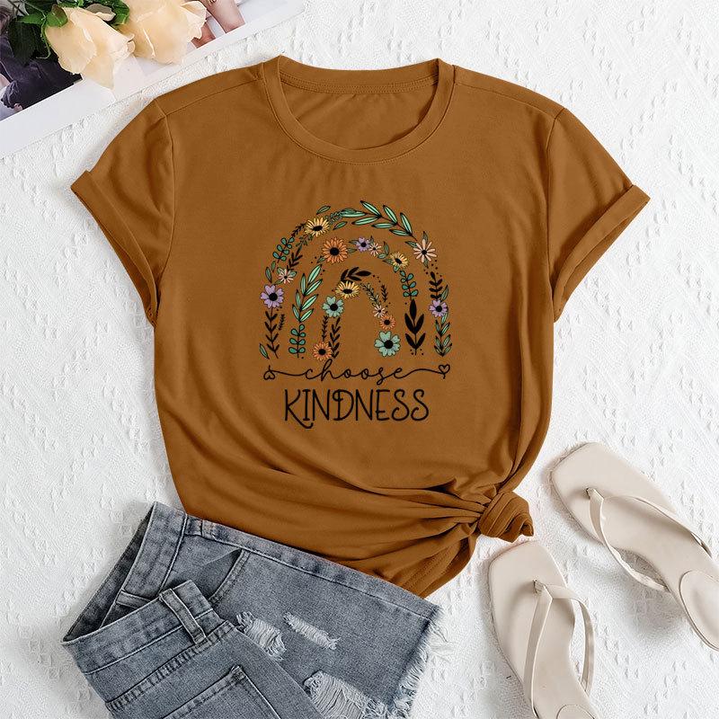 Летние женские футболки свободного покроя с цветочным принтом и круглым вырезом из чистого хлопка с короткими рукавами для женщин