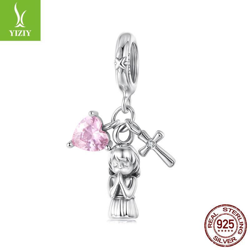 Pink Love Cross Pendant Accessories Cute Little Angel S925 Sterling Silver Bracelet Beaded
