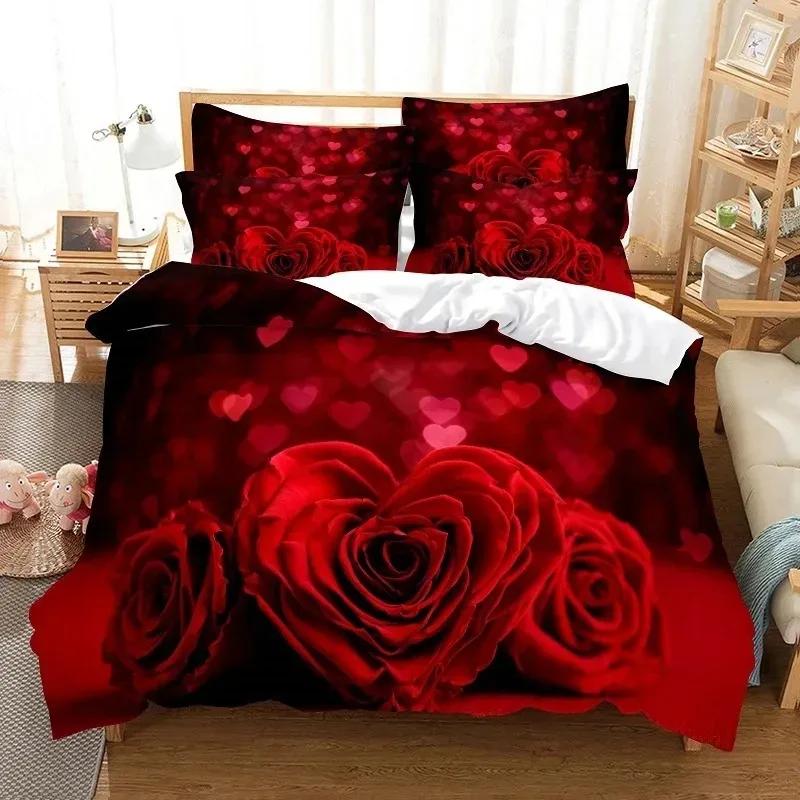 Comforter Red Rose Bedding Set Quilt Pillow Case 3D Hd Double Full King Queen Twin Single Polyester Comforter