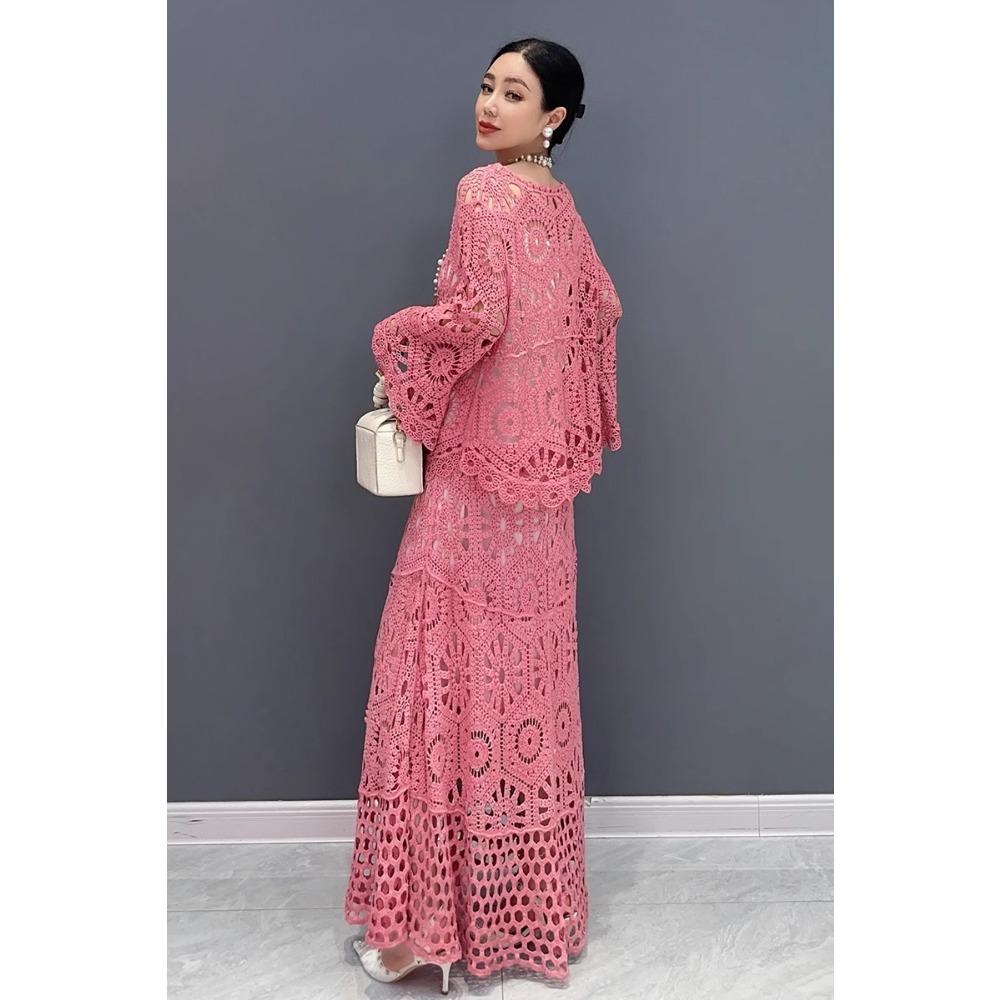 DIMANAF 2025 Новый Юбочный Костюм Женский Пляжный Короткий Рукав Кружева Трикотаж Ажурный Сексуальный О-Образный Вырез Ажурный Летний Стиль Топы Футболки Свободные Базовые