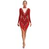 Women's Latin Dance Dress S-XXL - Shiny Rhinestones Mock Neck Long Sleeve with Tassels & Irregular Hem Stage Costume