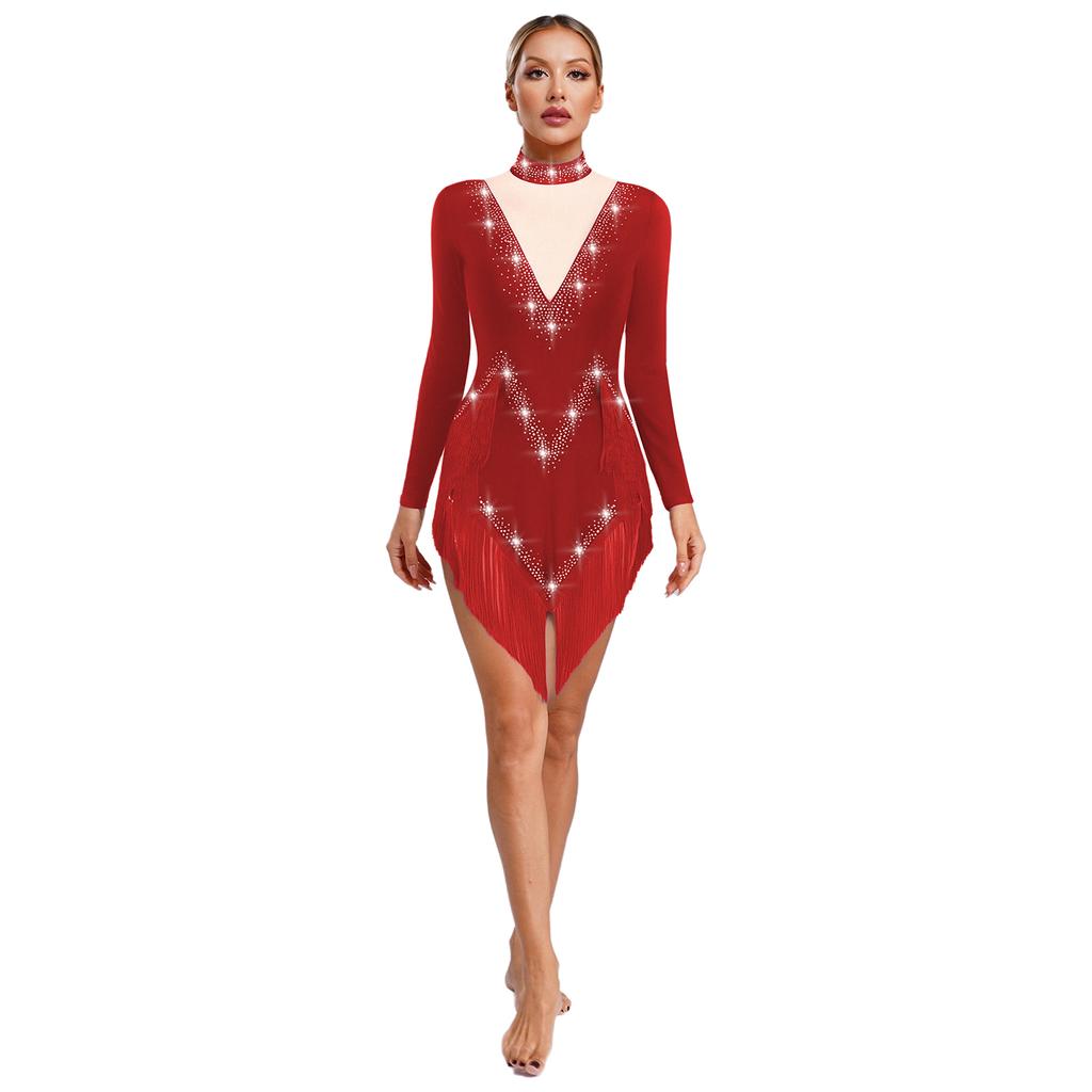 Women's Latin Dance Dress S-XXL - Shiny Rhinestones Mock Neck Long Sleeve with Tassels & Irregular Hem Stage Costume