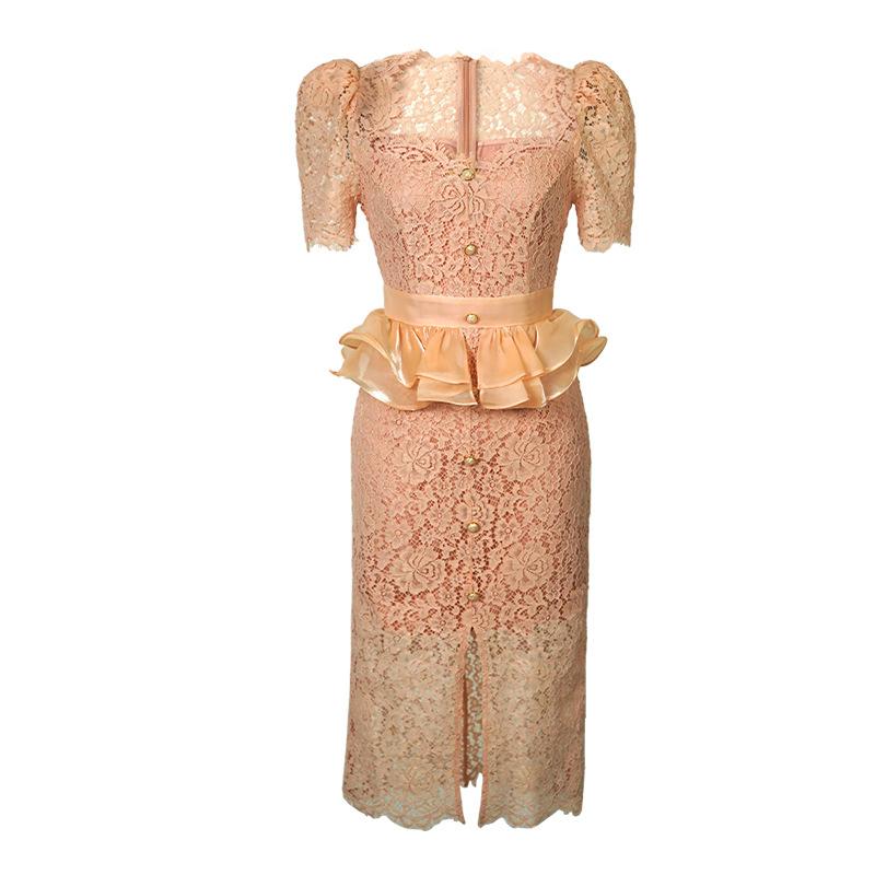 GMXIA Летнее женское милое розовое кружевное платье из темперы с квадратным воротником на талии и баской, драпированное на бедрах