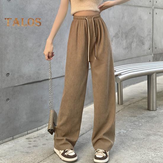 Женские брюки с эластичной резинкой и высокой талией, регулируемые длинные брюки с завязками, однотонные прямые широкие повседневные брюки для повседневной носки