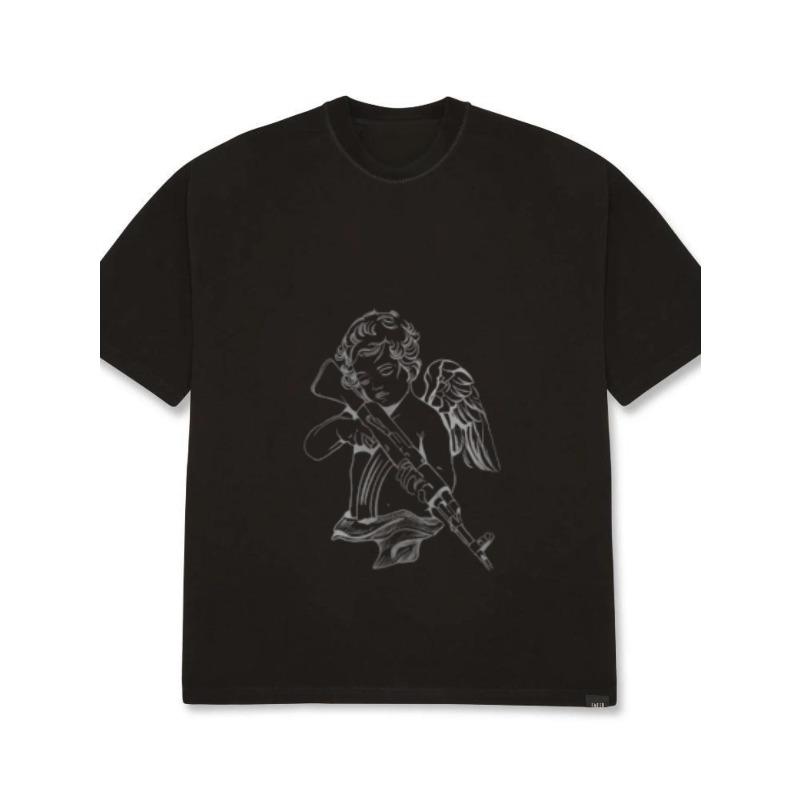 Белая футболка оверсайз с графическим принтом ангела, держащего винтовку, повседневный уличный топ для мужчин и женщин