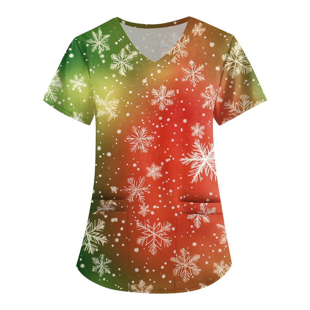Women's Cute Printed Work Clothes V-neck Double Layer Pockets Basic Short Sleeve Top Pullover Christmas