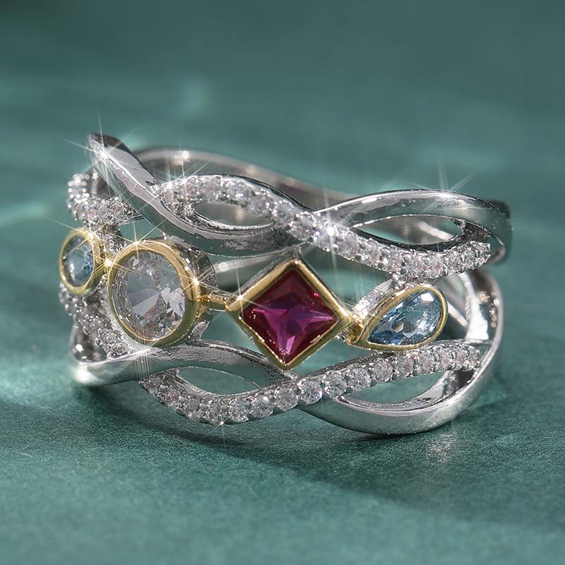 Vintage Two Color Inlaid White Red Green CZ Women's Ring Geometry Hollow Daily Wear Party Jewelry
