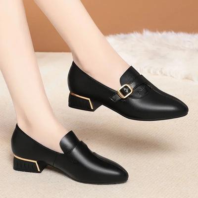 3см Модные Дышащие Туфли на Среднем Блочном Каблуке Женские 2025 Осень Мягкие Кожаные Лоферы Остроносые Туфли для Офиса Мамы Работа Танцы