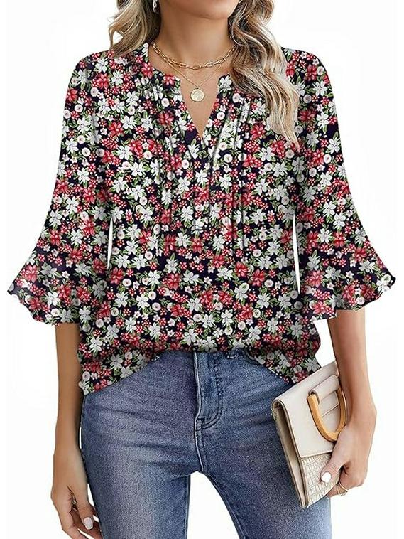 Шифоновая блузка Lotus Leaf 2025 с V-образным вырезом - Однотонная, с рукавами три четверти, Повседневная, свободного кроя