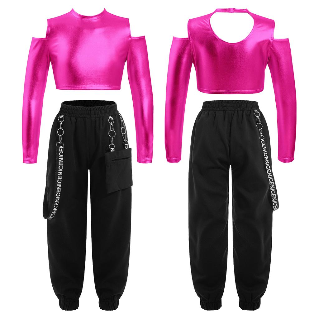 Детский укороченный топ с открытыми плечами и вырезом сзади для девочек, брюки с эластичной резинкой на талии для современного джаза, хип-хопа, танцев