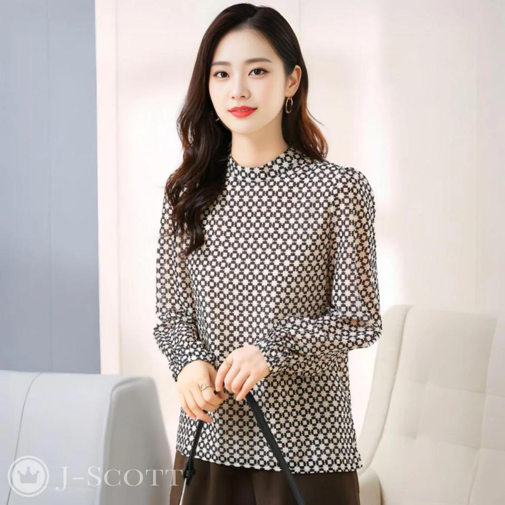 Женская блузка с принтом J-Scott, пуловер, длинный рукав, рукава-буфы, геометрический принт, прозрачный шифон, монохромный, белый, JS17-WH-S