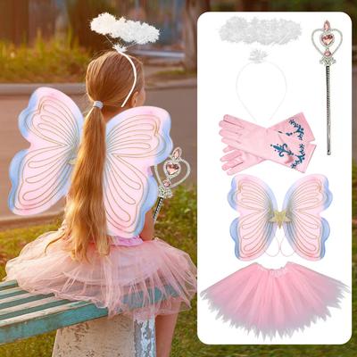 Butterfly Wings Princess Fairy Costume Set for Performance Role Play Dress Up Pretend Play Toy 3-8 Years 4 Pieces