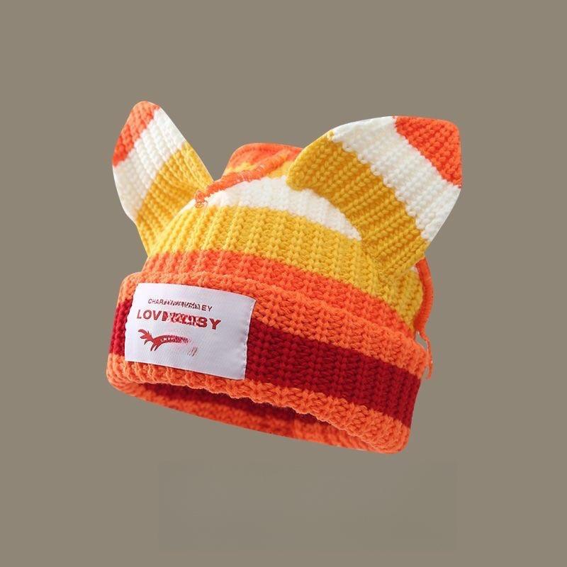 1PC Spliced Colors Fashionable Knitted Hat Keep Warm Gathering Take Photos Pig Ears Thickened Cute Festival New Style