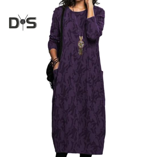 Женское платье весна-осень с круглым вырезом, длинными рукавами и боковыми карманами, свободное платье-миди длиной до середины икры с цветочным принтом для повседневной носки и поездок на работу