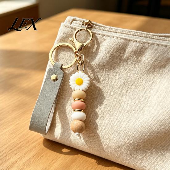 Flower Charm with Wood Beads Silicone Keychain Faux Leather Wristlet, Car Key Floral Ring Pendant Pendant, Handbag Backpack Women