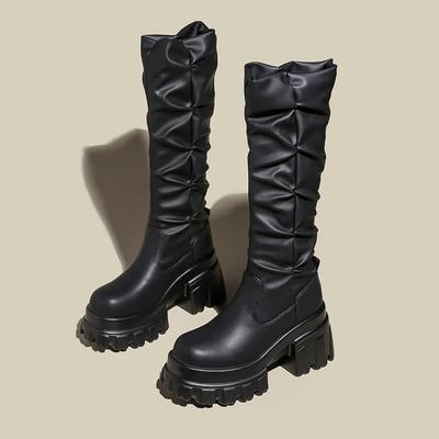 Модные сапоги на толстом каблуке и платформе, высокие сапоги до колена, женские зимние плюшевые теплые эластичные сапоги для женщин, толстая подошва, плиссированный дизайн, Botas Mujer