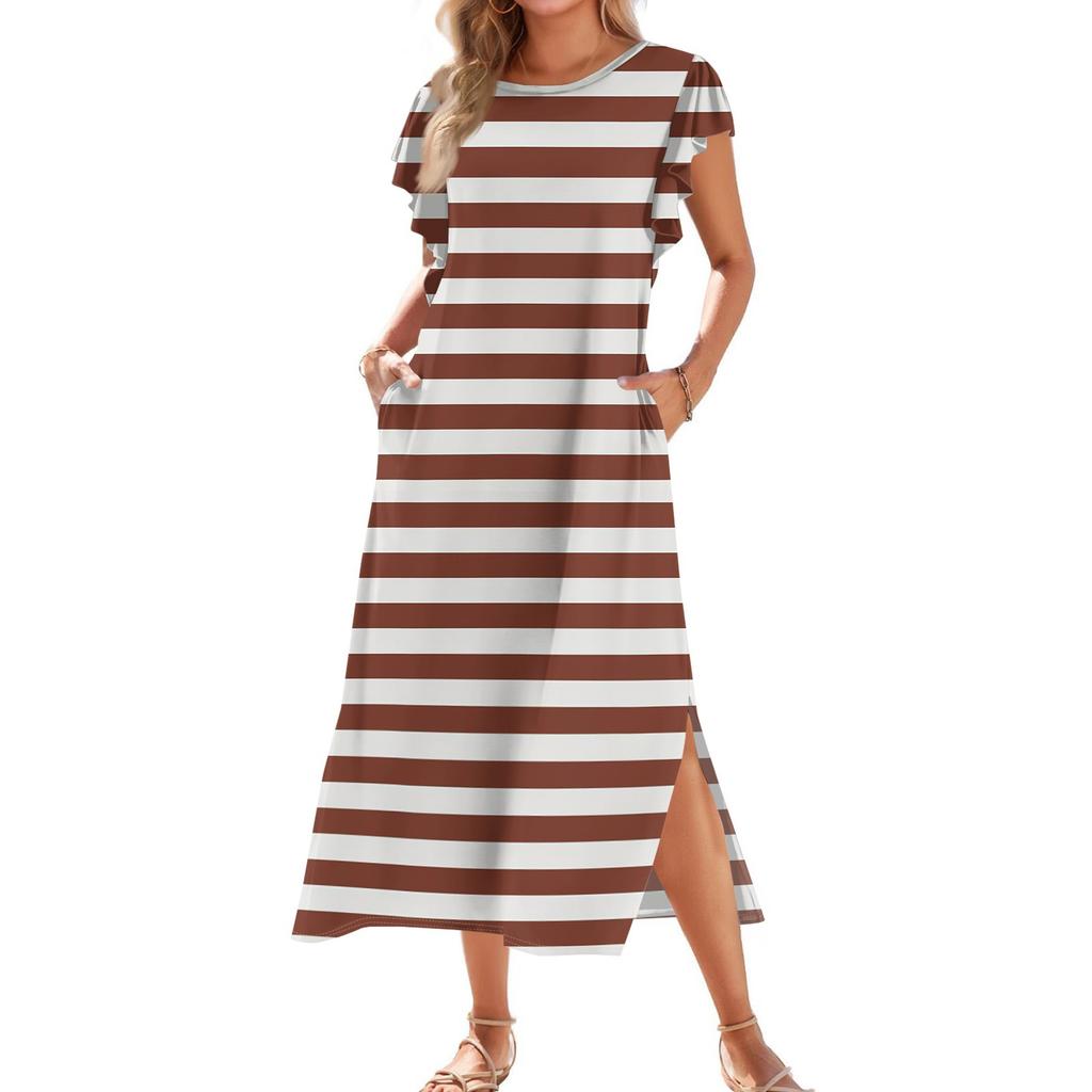 Женское модное летнее повседневное пляжное платье с плиссированными рукавами, свободными полосатыми короткими рукавами, круглыми завязками и карманами