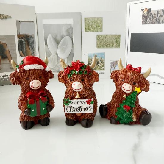 Yousheng 3 шт. Фигурки шотландской коровы Рождественский декор Полимерная статуэтка теленка животного для дома сада офиса Деревенское фермерское настольное украшение