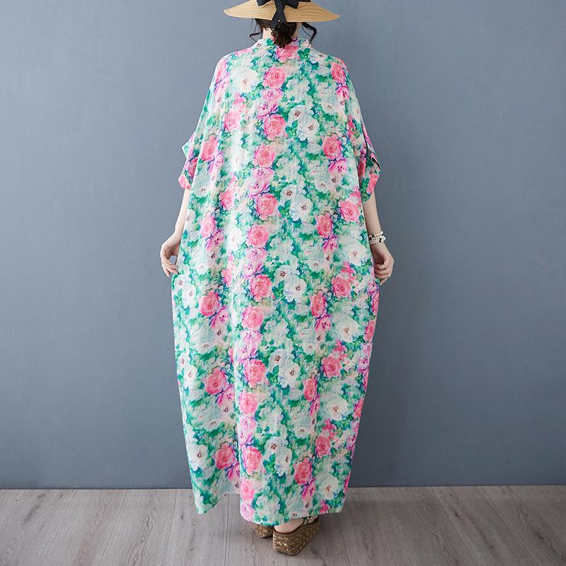 Dimanaf 2025 Женское Летнее Платье Больших Размеров Базовое Длинное Платье Винтажное Цветочное Свободное Повседневное Хлопок Льняной С V-образным Вырезом