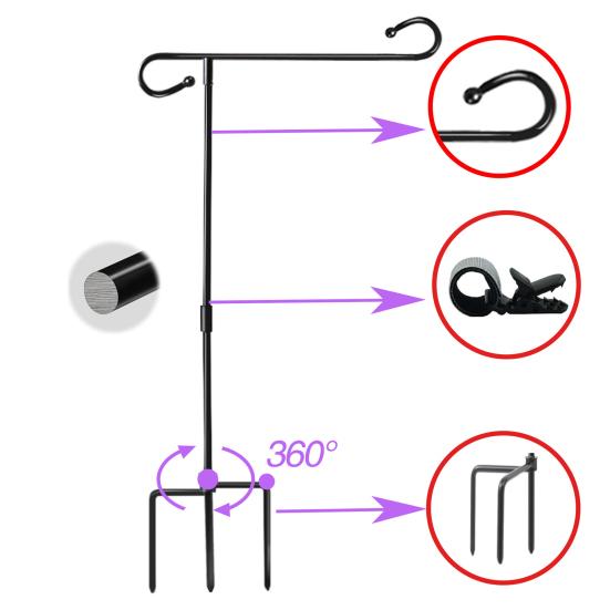 Подставка для садового флага с 5-зубчатым основанием Сверхпрочный погодоустойчивый металл Уличный двор Патио 12x18 дюймов Держатель для флагштока с пастушьим крюком