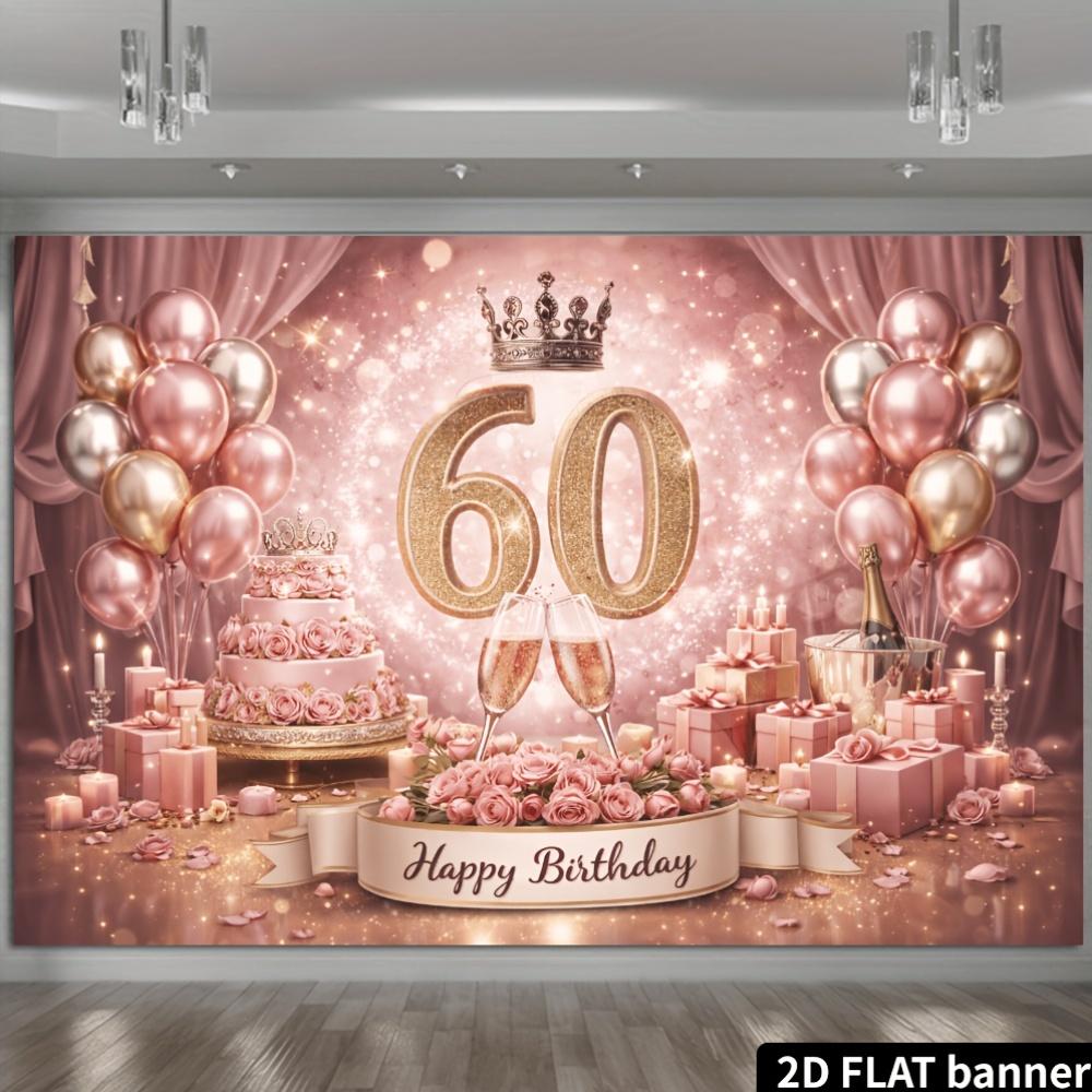 2D plane 60th birthday party banner background - Rose gold glitter theme, featuring crowns and glittering numbers 60