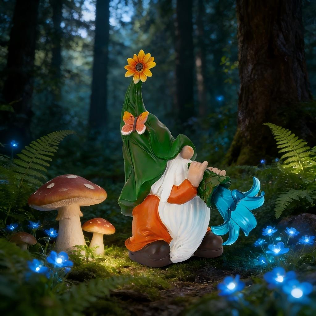 Solar LED Lighted Garden Gnome Resin Statue - Outdoor Funny Decor for Home Patio Lawn Yard - Collectible Figurine Gift