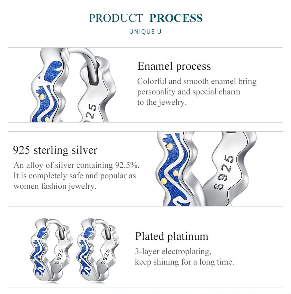 BAMOER стерлингового серебра 925 пробы, серьги-кольца с звездным небом Ван Гога, синяя эмаль, серьги-кольца для женщин, подарок на день рождения, ювелирные украшения
