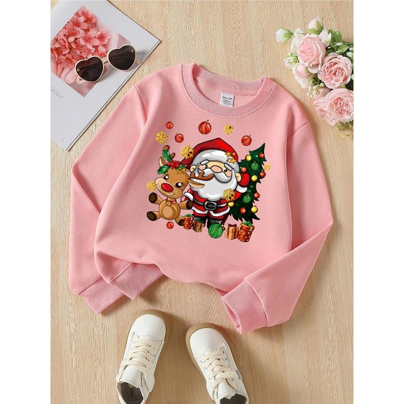Girls' Santa Reindeer Christmas Tree Gifts Snowflakes Ornaments Crewneck Sweatshirt | Autumn and Winter Western Style