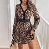Women's Vintage Style V-neck Leopard Print Long-sleeve Lace Patchwork Long-sleeve Dress