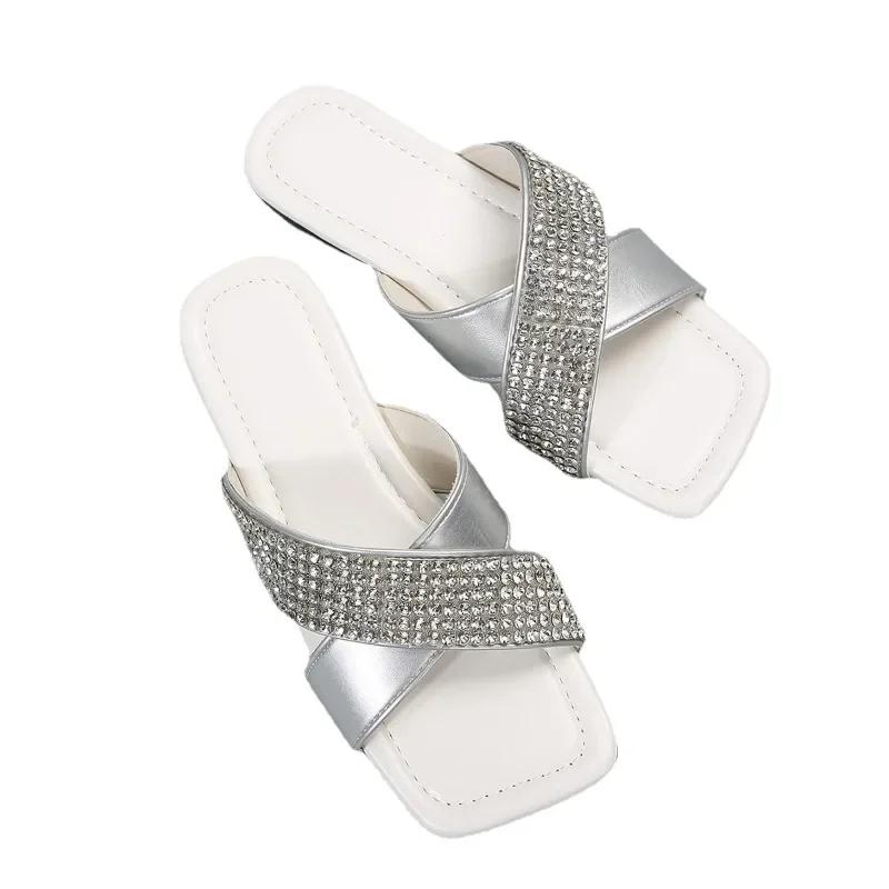 Распродажа женской обуви. Брендовые летние женские тапочки. Квадратный носок. Однотонные пайетки. Открытый носок. Туфли большого размера на низком каблуке. Женская обувь.